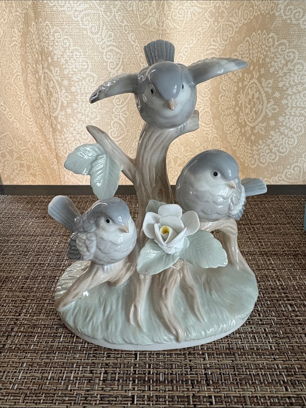 Otagiri Pale Blue and Cream Ceramic Three Birds on Branch Figurine